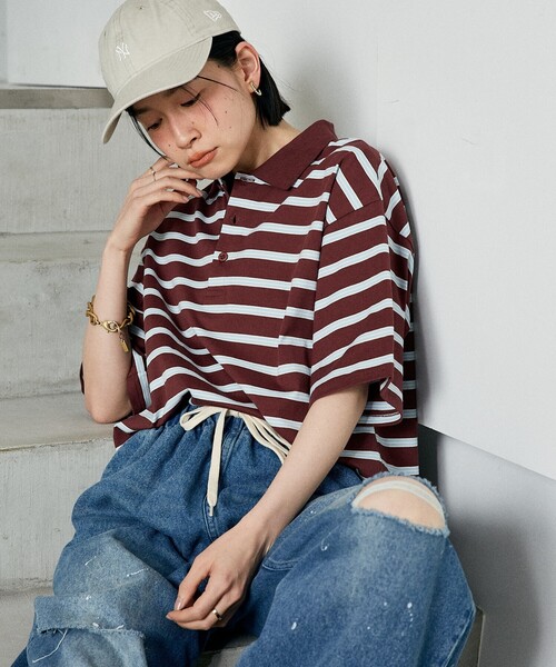 FREAK'S STORE(フリークスストア)の「マルチボーダー ポロシャツ(Tシャツ/カットソー・レディース・グレー/ダークブラウン/ピンク/ネイビー・フリ-)」の18枚目の写真