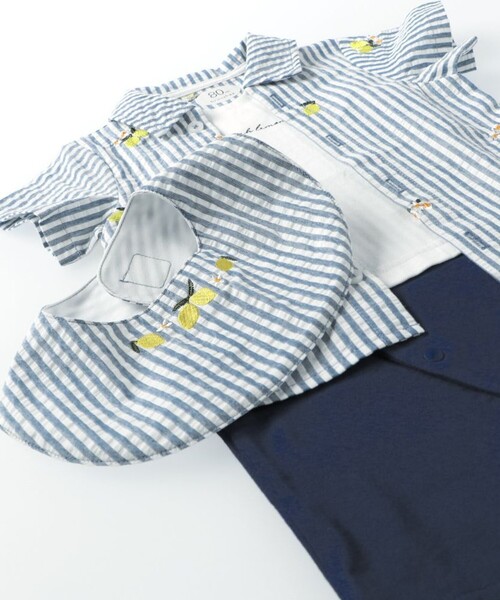 おそろい】レモン＆フラワー総柄刺繍半袖カバーオール（ロンパース