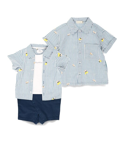 おそろい】レモン＆フラワー総柄刺繍半袖カバーオール（ロンパース