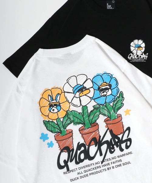 Duck Dude（ダックデュード）の「DUCK DUDE/ダックデュード イラストフラワー フロント バックプリント半袖Tシャツ レディース メンズ（Tシャツ/カットソー・レディース・ブラック/ブラック系その他/ホワイト/ホワイト系その他・M/L/LL）」の2枚目の写真