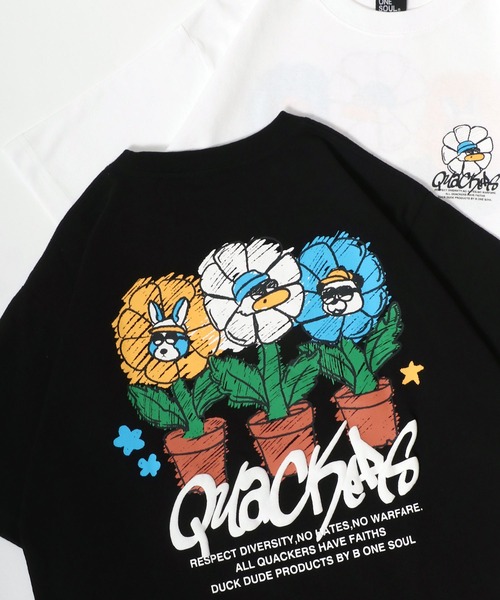 Duck Dude（ダックデュード）の「DUCK DUDE/ダックデュード イラストフラワー フロント バックプリント半袖Tシャツ レディース メンズ（Tシャツ/カットソー・レディース・ブラック/ブラック系その他/ホワイト/ホワイト系その他・M/L/LL）」の4枚目の写真