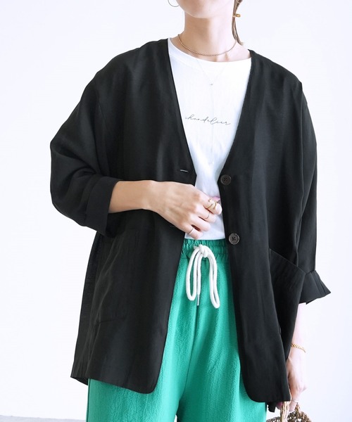 reca（レカ）の「シアードルマンジャケット（ノーカラージャケット・レディース・ブラック/ベージュ・FREE）」の3枚目の写真