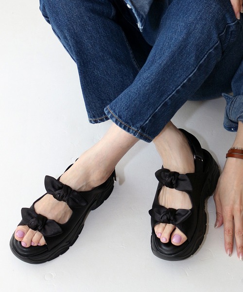 セール】ダブルリボン厚底ベルクロスポーツサンダル【低反発スポンジ