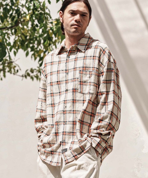 CAMBIO(カンビオ)の「ms6102-Distressed Check Shirts チェックシャツ(シャツ/ブラウス・メンズ・ブラック/アイボリー・L/M)」の1枚目の写真