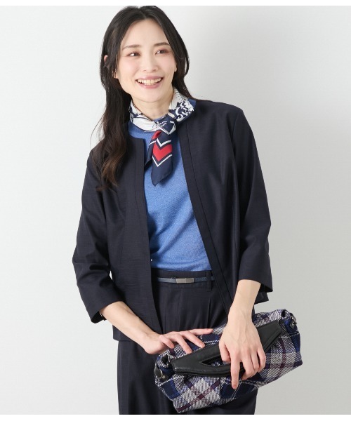 【ウォッシャブル】リネンライクストレッチ ノーカラーブラウス ウォッシャブル】リネンライクストレッチ ノーカラーブラウス