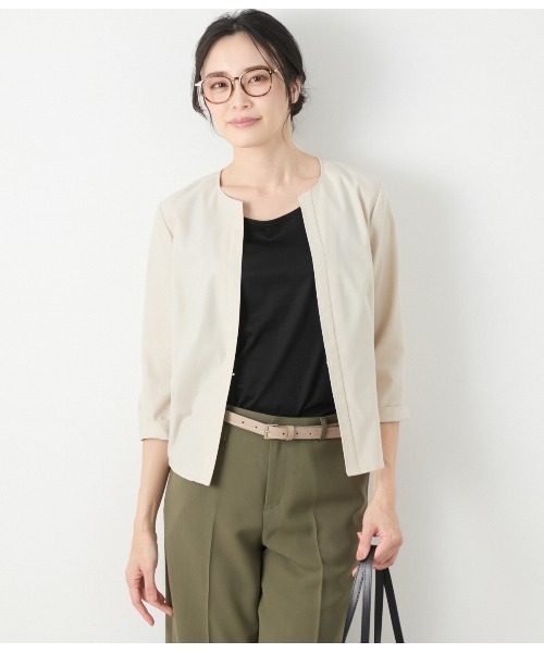 【ウォッシャブル】リネンライクストレッチ ノーカラーブラウス ウォッシャブル】リネンライクストレッチ ノーカラーブラウス