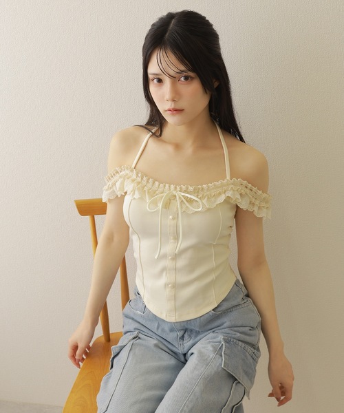 M DOLLY(エムドリー)の「lace ribbon halter neck tops/レースリボンホルターネックトップス(その他トップス・レディース・ブラック/アイボリー・S/M)」の2枚目の写真