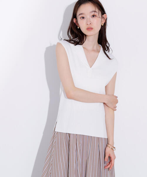 N.（N. Natural Beauty Basic）（エヌエヌナチュラルビューティーベーシック）の「ノースリーブカイキンリブニット（ポロシャツ・レディース・ダークブラウン/ライム/オフホワイト・MEDIUM）」の9枚目の写真