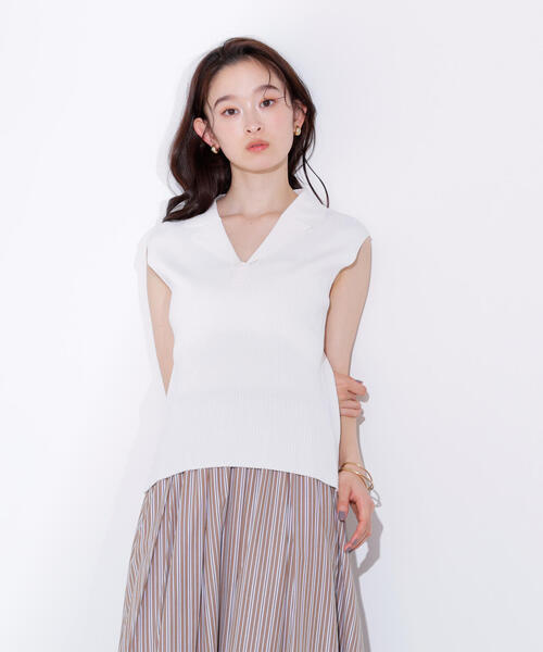 N.（N. Natural Beauty Basic）（エヌエヌナチュラルビューティーベーシック）の「ノースリーブカイキンリブニット（ポロシャツ・レディース・ダークブラウン/ライム/オフホワイト・MEDIUM）」の13枚目の写真