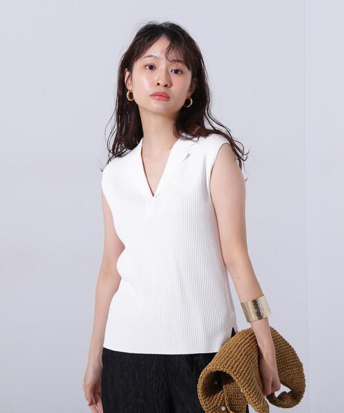 N.（N. Natural Beauty Basic）（エヌエヌナチュラルビューティーベーシック）の「ノースリーブカイキンリブニット（ポロシャツ・レディース・ダークブラウン/ライム/オフホワイト・MEDIUM）」の18枚目の写真