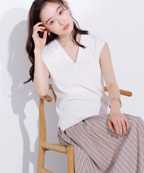 N.（N. Natural Beauty Basic）（エヌエヌナチュラルビューティーベーシック）の「ノースリーブカイキンリブニット（ポロシャツ・レディース・ダークブラウン/ライム/オフホワイト・MEDIUM）」の2枚目の写真