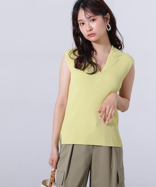 N.（N. Natural Beauty Basic）（エヌエヌナチュラルビューティーベーシック）の「ノースリーブカイキンリブニット（ポロシャツ・レディース・ダークブラウン/ライム/オフホワイト・MEDIUM）」の3枚目の写真