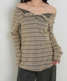Enewd nina ストライプボタンオフショルダー ストライプ ボタン オフショルダー Tシャツ ベージュ ブラック