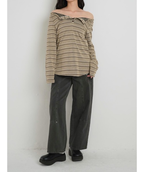 Enewd nina（エニュードニーナ）の「【zozo限定】ストライプ　オフショルダートップス オフショル 長袖 カットソー 秋冬新作 ＃２（Tシャツ/カットソー・レディース・ベージュ/チャコールグレー・FREE）」の10枚目の写真
