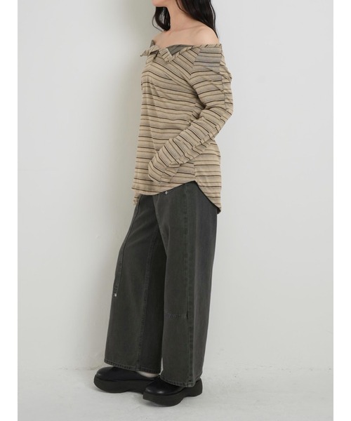 Enewd nina（エニュードニーナ）の「【zozo限定】ストライプ　オフショルダートップス オフショル 長袖 カットソー 秋冬新作 ＃２（Tシャツ/カットソー・レディース・ベージュ/チャコールグレー・FREE）」の9枚目の写真