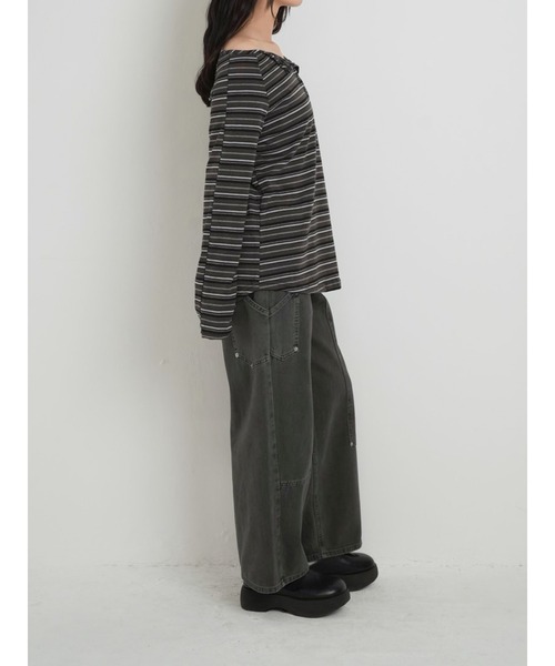 Enewd nina（エニュードニーナ）の「【zozo限定】ストライプ　オフショルダートップス オフショル 長袖 カットソー 秋冬新作 ＃２（Tシャツ/カットソー・レディース・ベージュ/チャコールグレー・FREE）」の14枚目の写真