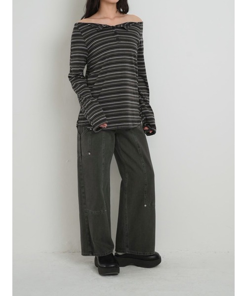 Enewd nina（エニュードニーナ）の「【zozo限定】ストライプ　オフショルダートップス オフショル 長袖 カットソー 秋冬新作 ＃２（Tシャツ/カットソー・レディース・ベージュ/チャコールグレー・FREE）」の13枚目の写真