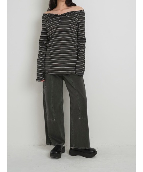 Enewd nina（エニュードニーナ）の「【zozo限定】ストライプ　オフショルダートップス オフショル 長袖 カットソー 秋冬新作 ＃２（Tシャツ/カットソー・レディース・ベージュ/チャコールグレー・FREE）」の12枚目の写真