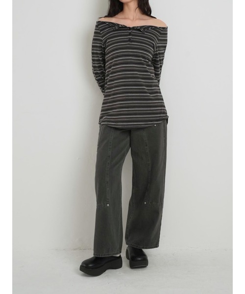 d.i.aオフショルダー長袖ストライプトップス VIS ブラウス シャツ 「防シワ」ラメミックスオフショルダー風