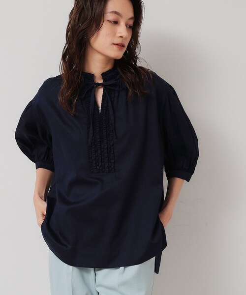 Sunauna（スーナウーナ）の「【シャーリング／チュニック】スキッパーブラウス（シャツ/ブラウス・レディース・ネイビー/オフホワイト/ブルー・38）」の2枚目の写真