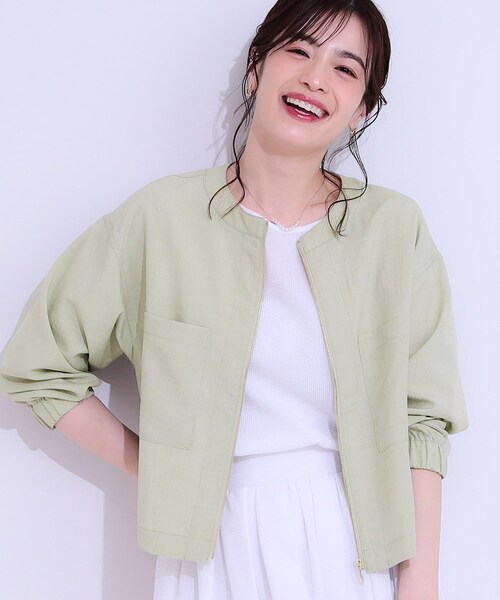 DRESKIP(ドレスキップ)の「【洗える/S-LL/ひんやり/UV】さらりと羽織れる 麻調ZIPブルゾン(ブルゾン・レディース・ネイビー/グリーン系/オフホワイト・04/01/02/03)」の1枚目の写真