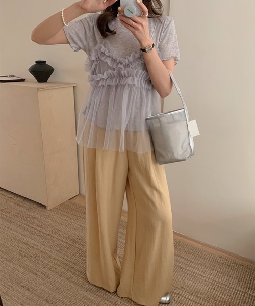 LYEON(リヨン)の「フリルチュールキャミ&Tシャツセット(Tシャツ/カットソー・レディース・オフホワイト/グレー・FREE)」の15枚目の写真