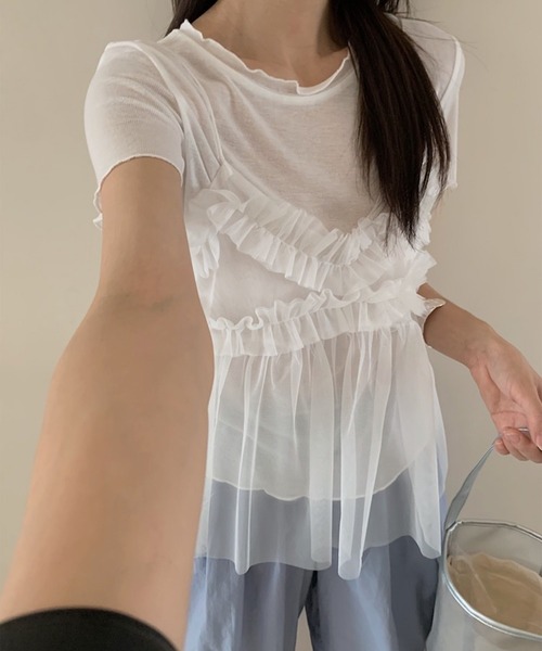 LYEON(リヨン)の「フリルチュールキャミ&Tシャツセット(Tシャツ/カットソー・レディース・オフホワイト/グレー・FREE)」の14枚目の写真