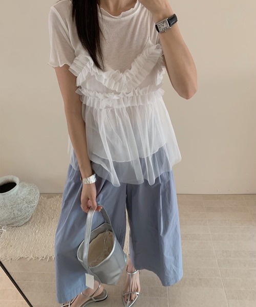 LYEON(リヨン)の「フリルチュールキャミ&Tシャツセット(Tシャツ/カットソー・レディース・オフホワイト/グレー・FREE)」の10枚目の写真