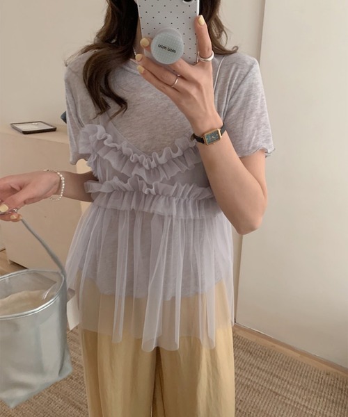 LYEON(リヨン)の「フリルチュールキャミ&Tシャツセット(Tシャツ/カットソー・レディース・オフホワイト/グレー・FREE)」の8枚目の写真