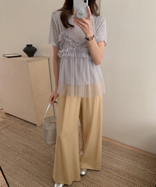 LYEON(リヨン)の「フリルチュールキャミ&Tシャツセット(Tシャツ/カットソー・レディース・オフホワイト/グレー・FREE)」の7枚目の写真