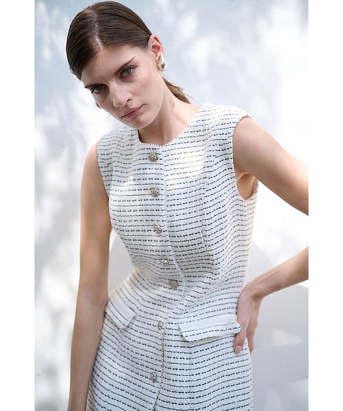 Estella.K(エステラケー)の「Alice Tweed Long Dress ボーダーツイードブレードトリムドレス(ワンピース・レディース・ホワイト系/ブラック系・FREE)」の7枚目の写真