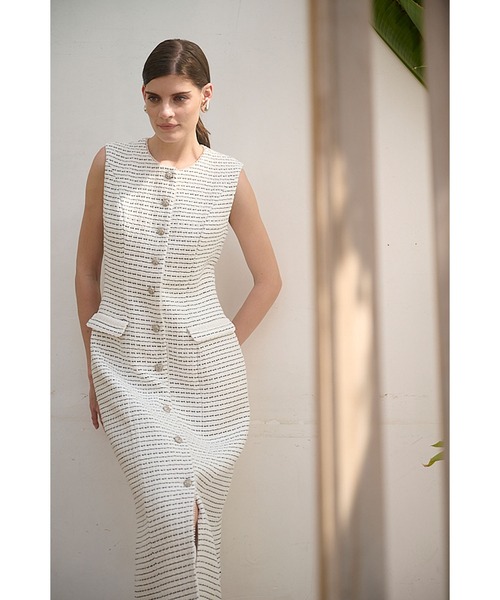 Estella.K(エステラケー)の「Alice Tweed Long Dress ボーダーツイードブレードトリムドレス(ワンピース・レディース・ホワイト系/ブラック系・FREE)」の9枚目の写真