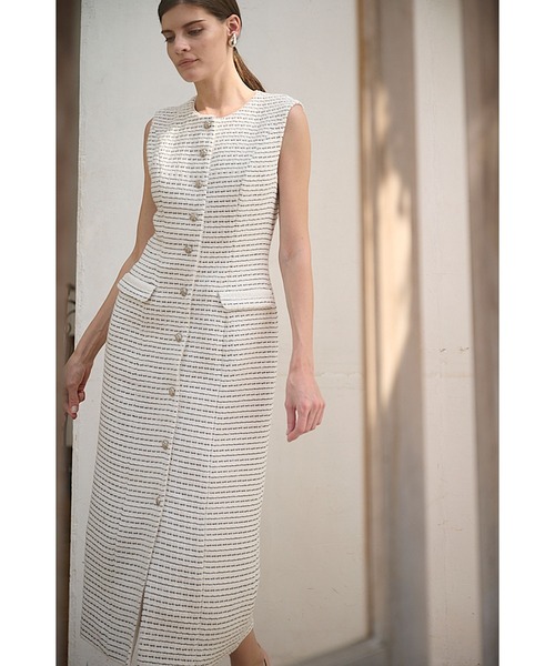 Estella.K(エステラケー)の「Alice Tweed Long Dress ボーダーツイードブレードトリムドレス(ワンピース・レディース・ホワイト系/ブラック系・FREE)」の3枚目の写真