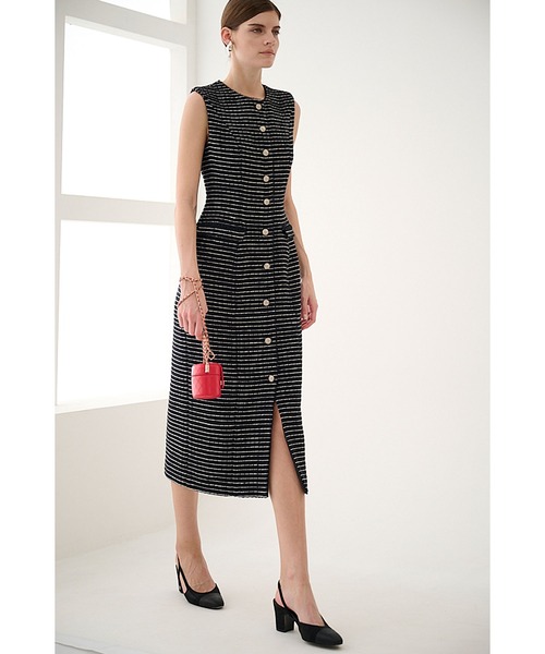 Estella.K(エステラケー)の「Alice Tweed Long Dress ボーダーツイードブレードトリムドレス(ワンピース・レディース・ホワイト系/ブラック系・FREE)」の21枚目の写真