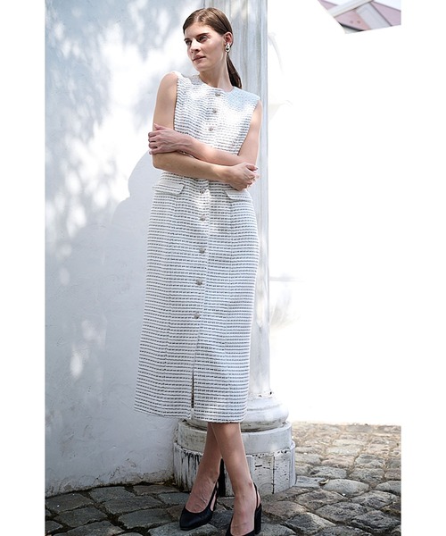 Estella.K(エステラケー)の「Alice Tweed Long Dress ボーダーツイードブレードトリムドレス(ワンピース・レディース・ホワイト系/ブラック系・FREE)」の12枚目の写真