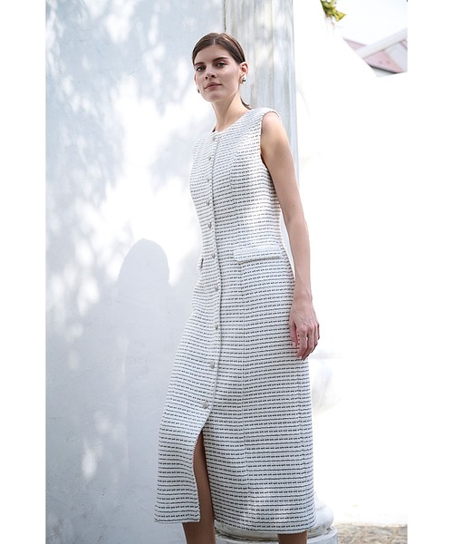 Estella.K(エステラケー)の「Alice Tweed Long Dress ボーダーツイードブレードトリムドレス(ワンピース・レディース・ホワイト系/ブラック系・FREE)」の6枚目の写真