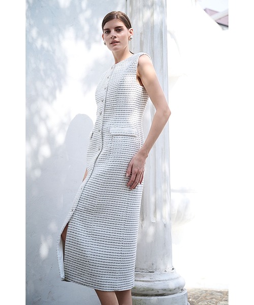 Estella.K(エステラケー)の「Alice Tweed Long Dress ボーダーツイードブレードトリムドレス(ワンピース・レディース・ホワイト系/ブラック系・FREE)」の8枚目の写真