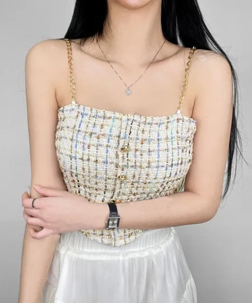 PRIVATE  BEACH（プライベートビーチ）の「ファンシーツイードコルセットベアトップ（タンクトップ・レディース・ブラック/ピンク/ホワイト・FREE）」の7枚目の写真