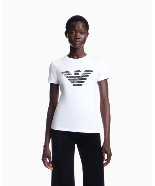 EMPORIO ARMANI（エンポリオアルマーニ）の「【エンポリオ アルマーニ】ASV スリムフィットTシャツ ストレッチジャージー オーバーサイズイーグルパターン（Tシャツ/カットソー・レディース・ブラック/ホワイト/ホワイト系その他/ネイビー・X-SMALL/SMALL/MEDIUM/LARGE）」の3枚目の写真