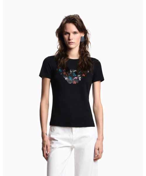 EMPORIO ARMANI(エンポリオアルマーニ)の「【エンポリオ アルマーニ】ASV スリムフィットTシャツ ストレッチジャージー オーバーサイズイーグルパターン(Tシャツ/カットソー・レディース・ブラック/ホワイト・X-SMALL/SMALL/MEDIUM/LARGE)」の1枚目の写真