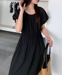 クルーネック ギャザー パフスリーブ ロング ワンピース