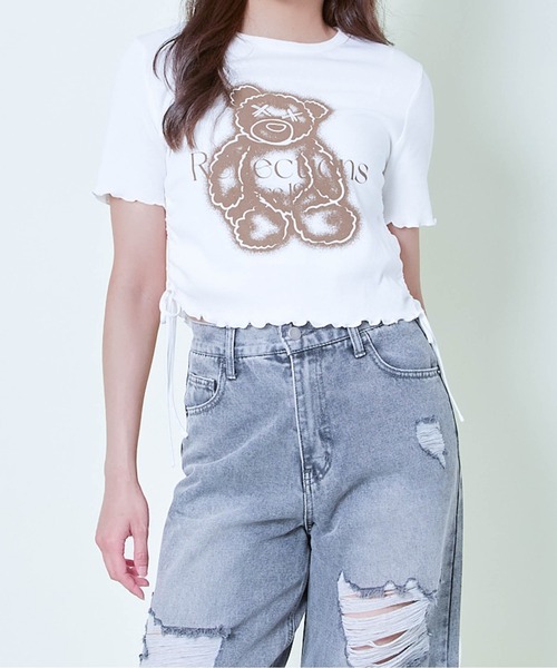 GORGE(ゴージ)の「《クマプリント×ドロスト》レディース クロップドTシャツ サイド絞りトップス 春夏秋(Tシャツ/カットソー・レディース・ブラウン/ブラック/オフホワイト・F)」の4枚目の写真