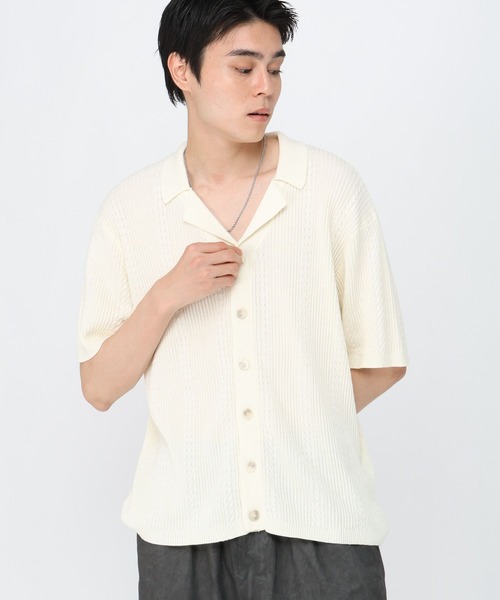 3.3 Field Trip （3.3フィールドトリップ）の「3.3 Field Trip／開襟ニット半袖カーディガン（カーディガン/ボレロ・メンズ・ベージュ/グレー/ブラック・LARGE/MEDIUM）」の2枚目の写真