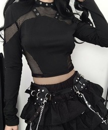 【Y2Kガーリー】シアー切り替えショート丈長袖Tシャツ