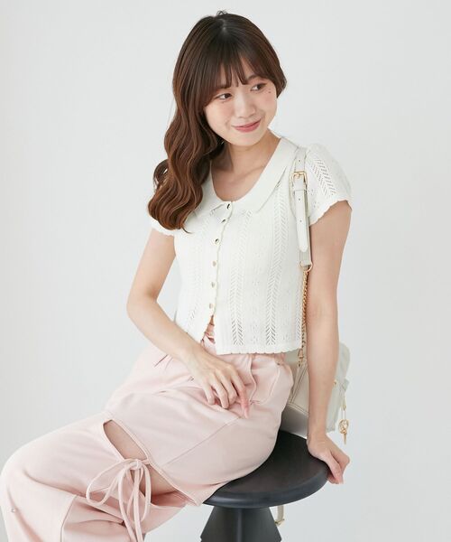 MAJESTIC LEGON（マジェスティックレゴン）の「襟付き透かし柄カーディガン（その他トップス・レディース・グレー/アイボリー/ネイビー/ピンク・MEDIUM）」の2枚目の写真