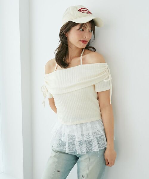 MAJESTIC LEGON(マジェスティックレゴン)の「裾レースオフショルトップス(Tシャツ/カットソー・レディース・グレー/アイボリー/ピンク・MEDIUM)」の8枚目の写真