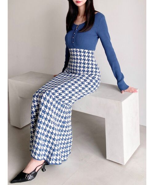 セール】ハウンドトゥースマーメイドニットワンピース（ワンピース