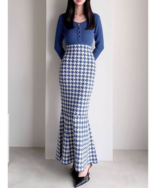 セール】ハウンドトゥースマーメイドニットワンピース（ワンピース