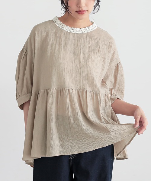 n'OrLABEL(ノアールレーベル)の「ギャザーペプラムコットンブラウス(シャツ/ブラウス・レディース・ネイビー/ベージュ/ブラック・2/1)」の3枚目の写真