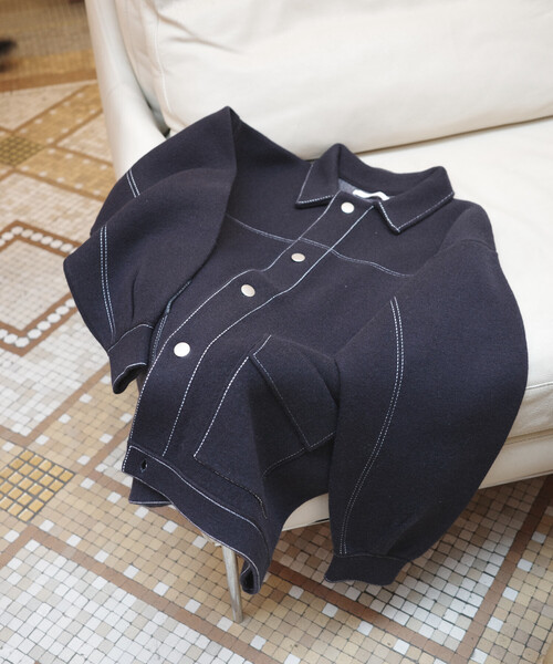 Firsthand（ファーストハンド）の「Firsthand/ファーストハンド オーバーサイズ ウール混 ニット カバーオール / 配色ステッチ ニットジャケット（ブルゾン・レディース・サックスブルー/インディゴブルー/ブラウン・ﾌﾘ-）」の5枚目の写真